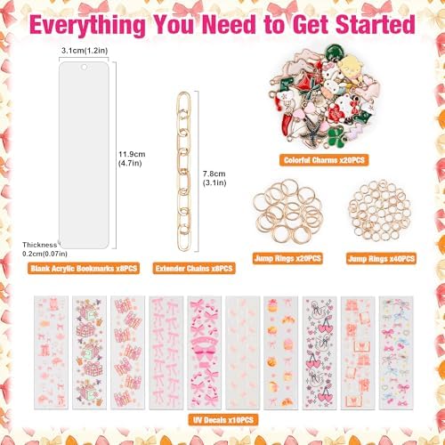 106 Pcs Bow Acrylic Bookmark Blanks(2mm) Thicken 8 DIY Bookmark Making 10 Bow UV DTF Sticker 20 Charms 8 Extender Chains and 60 Jump Ring Suitable for DIY Crafts Gifts