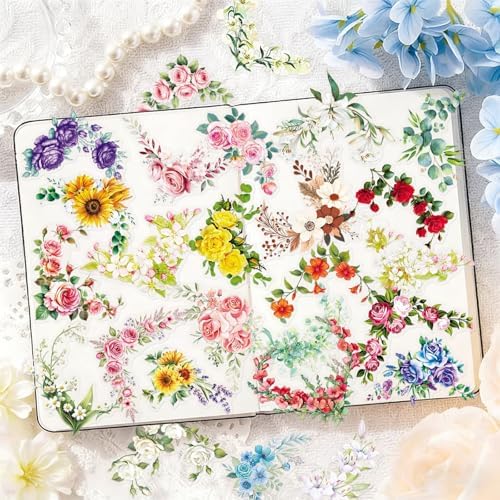 50pcs Flower Border Stickers for Scrapbooking Journaling Vintage Flowers Scrapbook Stickers Aesthetic Floral Sticker Pack Scrapbook Kit Junk Journal Supplies Self-Adhesive Decoupage Paper