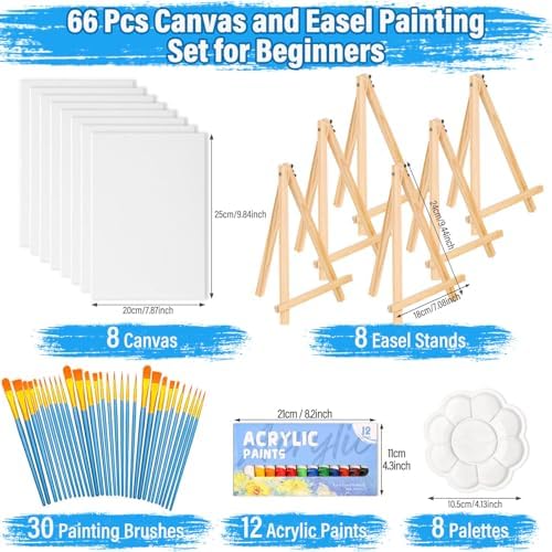 shynek 66 Pack Canvases with Easel Set, 8 x 10 Inch Canvas Boards with Wooden Easels, Acrylic Paint, Paint Brushes Canvas Panel Painting Kit for Beginners Art Crafts Sip and Paint Party