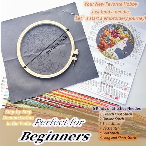 FONNUY Floral Women Embroidery Kit for Beginners, Colorful Long Hair Girl Pre-Stamped Pattern Kits for Adults with Hoop, Thread Needlework, 8'' Hoop (Gold)