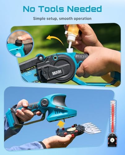 SEESII 3 in 1 Cordless Mini Chainsaw & Hedge Trimmer, Grass Shear Combo | 8 Inch Electric Chain saw Brushless,2x 4000mAh Batteries,Handheld Trimmer, Ergonomic Yard Garden Tool Set for Trimming
