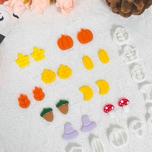 Xaekicr 9PCS Fall Theme Polymer Clay Cutters for Earrings – Autumn Leaves, Pumpkin, Acorn, Witch Hat Clay Cutters – Polymer Clay Molds & Tools for Jewelry Making