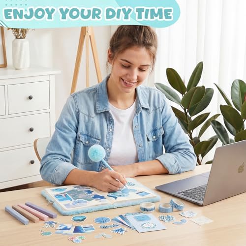 Janlaugh DIY Journal Diary with Lock Pack Scrapbook Kit, Blue, Plush | Stationery Diary Supplies, Scrapbook Supplies Art Crafts Kit for Birthday Holidays Ideal Gifts, Feather Bookmark Stickers