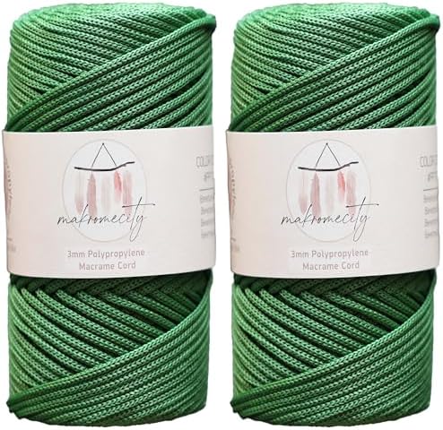 Makromecity, 2 Skeins of Polyester Macrame Cord 3mm x 131 Yards (394 feet) 3mm Polypropylene Benetton Green Macrame Cord Crochet Macrame Bag Cord Crafts for Wall Hangings, Bags, Underplate
