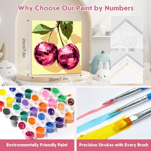 NEWENMO 4 Pack Paint by Numbers for Adults with Wooden Framed, Sparkling Funky Fruit, Paint by Number Kits on Canvas for Beginner, DIY Acrylic Oil Painting Kits for Home Decor 8x8 inch, Disco Ball