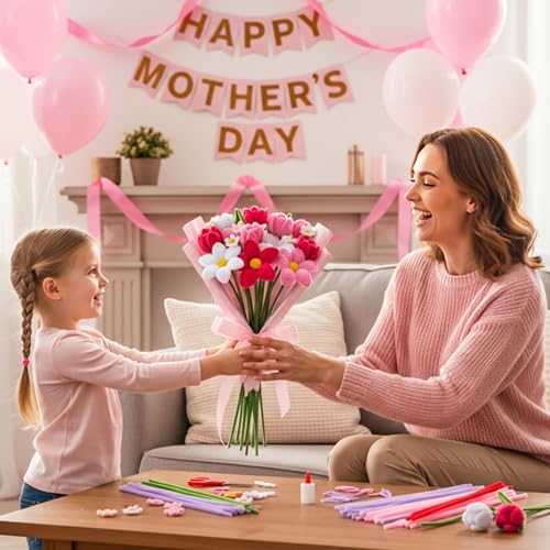 Caydo 200 Pieces Pink Pipe Cleaners 6 mm x 12 inch, Creative Crafts Decorations in 4 Colors for Mother's Day Decorations (Red, Pink, White, Purple)
