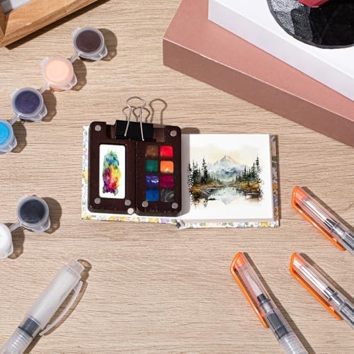 Qilery Mini Portable Watercolor Palette Set Wooden Grid Paint Box Watercolor Paper Sketch Book Brush Pens with Binder Clip for Painters Artist Not Include Paint(Winter Jasmine)