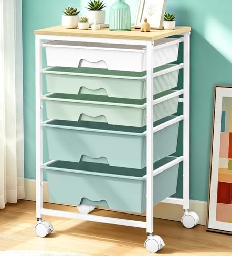 SUNALLY Rolling Carts With 5 Drawers, Storage Drawer Carts for Craft, Green | Rolling Utility Cart with Wooden Tabletop & 2 Lockable Wheels, Teacher Storage Cart for Classroom School, Makeup, Nail, Art