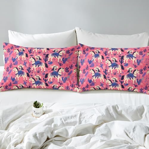 Manfei Cartoon Cowgirl Sheet Set Cactus Desert Plant Bedding Set Boho Style Western Horse Bed Sheets Teens Room Decor Navy Blue Pink (King Flat & Fitted Sheet with 2 Pillow Case)