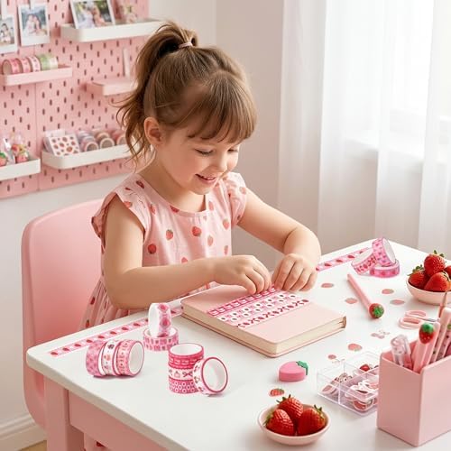 Pink Strawberry Washi Tape - 12 Rolls Waterproof Cute Bow Sweets Desserts Self Adhesive Decorative Paper for Gift Wrapping Scrapbook Journaling Kitchen Birthday Party Favor Craft Supplies
