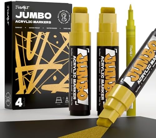 JusArt 4 Pcs Gold Jumbo Poster Marker Set, 15mm and 0.7mm Tip