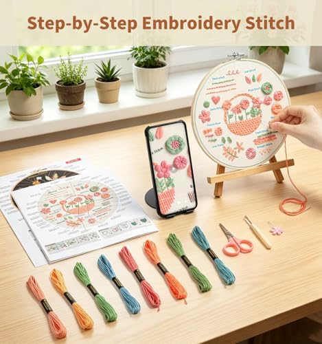 pindda Embroidery Kit for Beginners Adults, with Embroidery Patterns, Embroidery Hoop, Tools, Colorful Threads, Step by Step Instructions, Beginner-Friendly DIY Gift Hobbies for Women