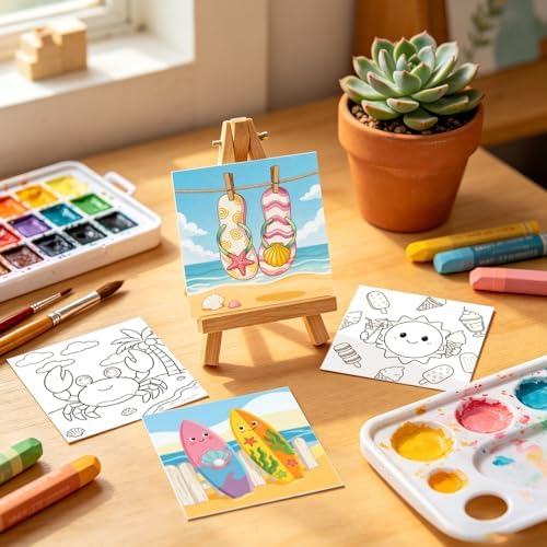 12 Packs Summer Pre Drawn Canvas to Paint, Ocean Pre Printed Canvas for Painting, Pre Stretched Canvas Outline Painting Boards for Beginners, Students, Party Favors 4 * 4inch