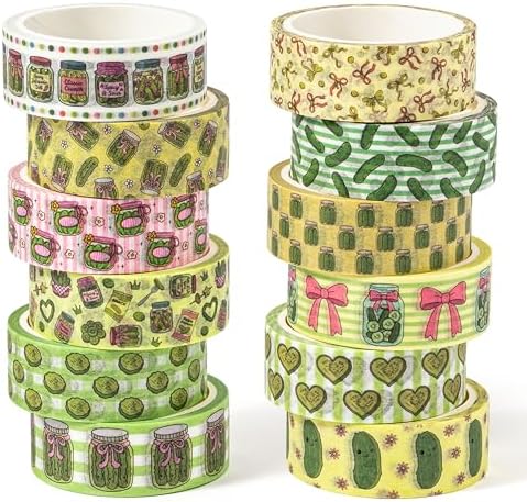 Funny Pickle Washi Tape - 12 Rolls Cucumber Pink Bow Decorative Tape Set for Teen Bookish, Green Pink Stripe Food Wrapping Paper DIY Art Crafts for Scrapbook Journal Birthday Gift Supplies
