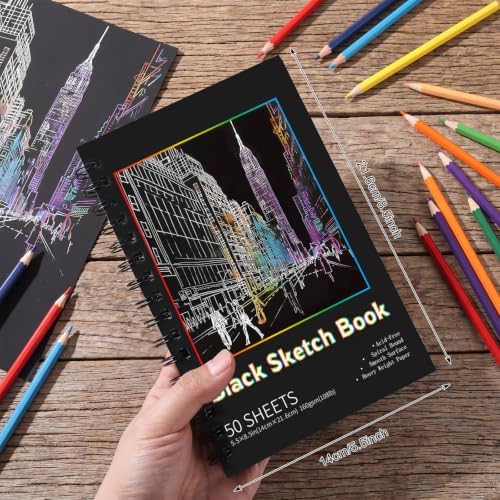2 Pack Black Paper Sketchbook, 5.5 × 8.5 in, 100 Sheets, Spiral Bound