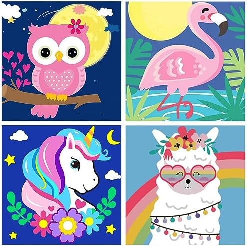 MXCFZX 4 Pack Paint by Numbers for Kids - Paint by Number for Kids Beginners Easy Acrylic Watercolor Paint Numbers Canvas Arts for Kid Ages 4-8,Oil Painting by Number Kits for Decoration 8x8 frameless