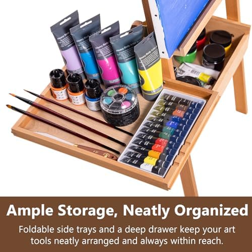 Wooden H-Frame Studio Easel with Storage Drawer and Palettes,Natural | Solid Beechwood Painting Easel for Students, Beginners, and Artists, Hold Canvas to 36Inches High
