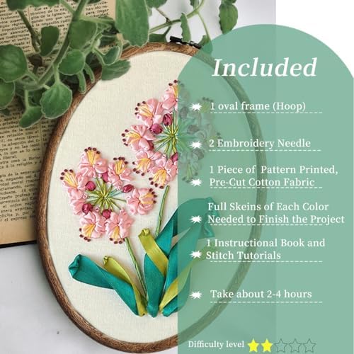 FONNUY Ribbon Embroidery 3D Flowers Pattern Design Kit Embroidery DIY Handwork Set Oval Home Decoration (Pink Crabapple)