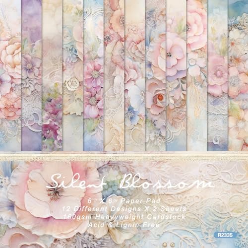 6x6 Scrapbook Paper Pad - Silent Blossom Vintage Lace 160gsm Cardstock, 24 Pcs Pastel Watercolor Floral Decorative Paper for Wedding Junk Journal Supplies