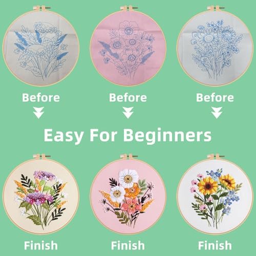 Herdiese Embroidery Kit for Beginners & Adults, 3PCS Floral Patterns.