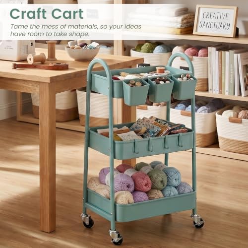 danpinera 3-Tier Rolling Cart, Utility Cart Mobile Metal Rolling Storage Cart with Lockable Wheels & Hanging Cups & Hooks for Kitchen, Bathroom, Office, Workshop, Green