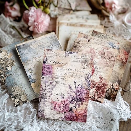 160 Sheets Vintage Flower Scrapbook Paper, Junk Journal Supplies, Purple Pink Flowers with Cursive Script No Repeating Perfect for Junk Journal DIY Cards Craft Albums Scrapbooking Supplies (Purple)
