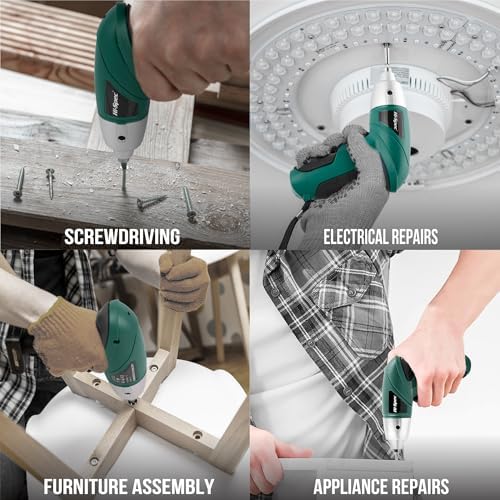 Hi-Spec 3.6V USB Electric Screwdriver for Home Repairs and Assembly, Green | 19pc, fast assembly help, common screw bit selection, LED visibility, compact grip, quick household fixes, organized storage