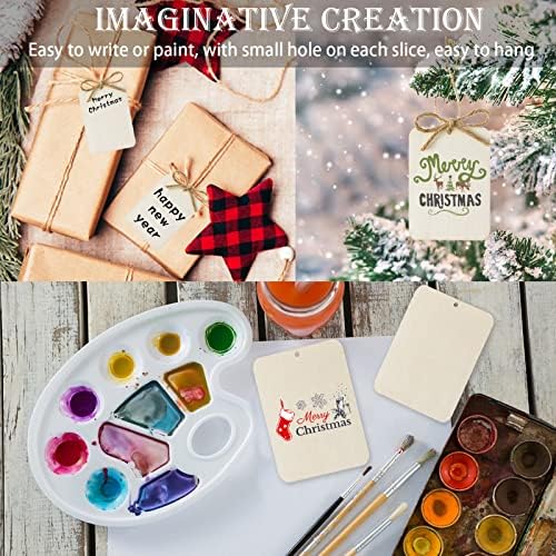 120 Pcs Wooden Tags 2.5 x 3.5 Inch Unfinished Wood Rectangle Square Wooden Cutouts with Holes Wood Ornaments with 32.8ft Rope for Holiday Gift Tags DIY Craft Christmas Hanging Decorations Painting