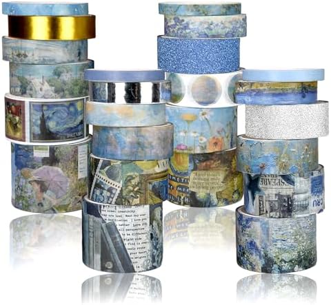 Washi Tape Set, 24 Rolls Vintage Washi Stickers, Assorted Sizes, for Junk Journal Scrapbook Tape, Bullet Journaling Scrapbooking Supplies, Planner Sticker DIY Craft DéCor (Blue)