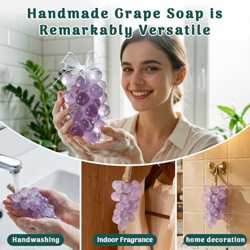 YUVFUDUOV DIY Grape Soap Making Kit - Enough to Make 2 Full Bunches, Includes Silicone Mold, 500g Clear Soap Base, 2x90g Essential Oil Soaps, Jute Rope & Tools, for Handmade Craft Gift & Mother's Day