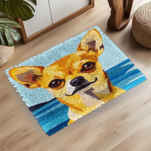 Latch Hook Kit Rug for Adults Chihuahua Dog with Sea Pre-Printed Handmade Carpet Crochet Yarn Craft DIY Hook and Latch Door Mat Tapestry Home Floor Decoration 52x38cm-3