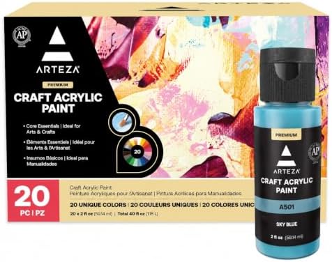 ARTEZA Craft Acrylic Paint, 2 ounce Bottles, Water-Based, Matte Finish Paints, Art Supplies for Glass, Wood, Ceramics, Fabrics, Leather, Paper