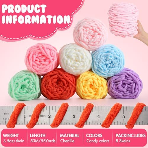Buryeah 8 Pack Chunky Chenille Yarn for Crocheting, Candy Colors