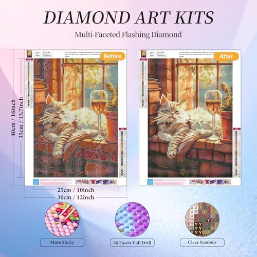Diamond Art Kits for Adults, Cozy Cat Diamond Painting Kit, 12 x 16 Inch