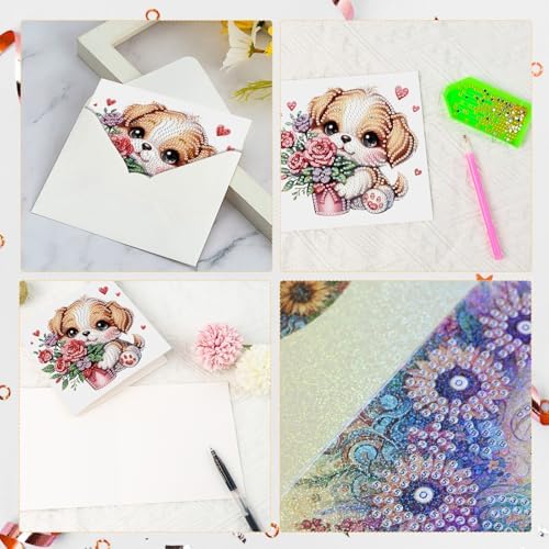 LazyFold 6 Pcs Diamond Art Painting Greeting Cards Kits, DIY Cute Puppy Handmade Festival Greeting Cards with Envelopes Diamond Art Crafts Birthday Cards Creative Valentine's Day Gift