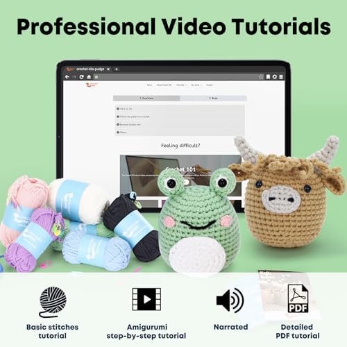 CrochetBox Crochet Kit for Beginner, Highland Cow and Frog Learn How to Crochet Stuffed Animals Gift for Adults and Teen(), Knitting Set with Yarn Hook Stitch-by-Stitch Video Tutorial