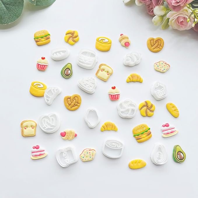 Xaekicr Bakery & Food Theme Polymer Clay Cutters Set - 12pcs Miniature Shapes Including Croissant, Burger, Avocado, Cupcake, Bread & Toast for DIY Earring Jewelry, Soft Clay Crafts & Scrapbooking