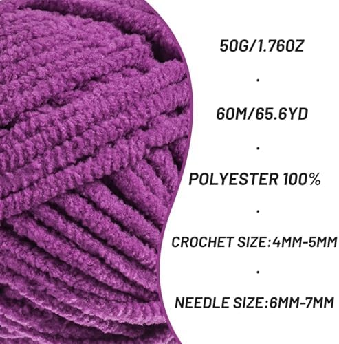 2 Packs Plush Chenille Chunky Crochet Yarn - Baby Yarn for Crocheting Soft - Velvet Yarns Knitting for Blankets Crafts - Fluffy Amigurumi Yarns 100g/131yds (2 Dark Purple)