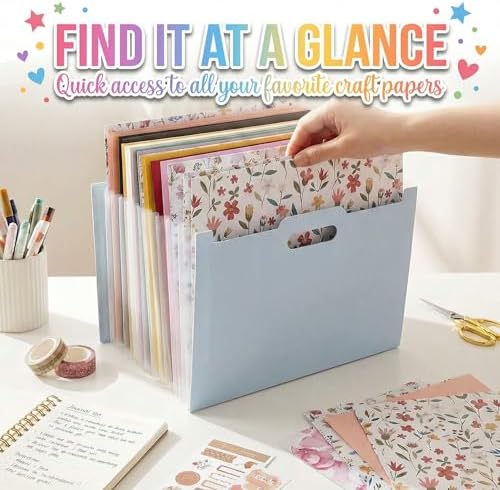 12x12 Scrapbook Paper Storage Organizer with 13 Expandable Pocket, Large Scrapbook Paper Storage for Craft Room Sticker Storage and Organization, Desktop Paper Holder (Cream)