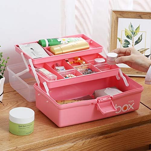 Kinsorcai 2PCS 12'' Three-Layer Clear Plastic Storage Box/Tool Box, Multipurpose Organizer and Portable Handled Storage Case for Art Craft and Cosmetic (Pink)