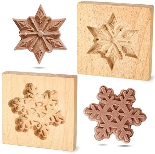 Meanplan Carved Wooden Cookie Mold, Baking Embossing Cookies Stamp Mold Cutter Funny 3D Heart Wood Rose Dessert Tools for Christmas Kitchen DIY Baking Tools(Snowflakes)