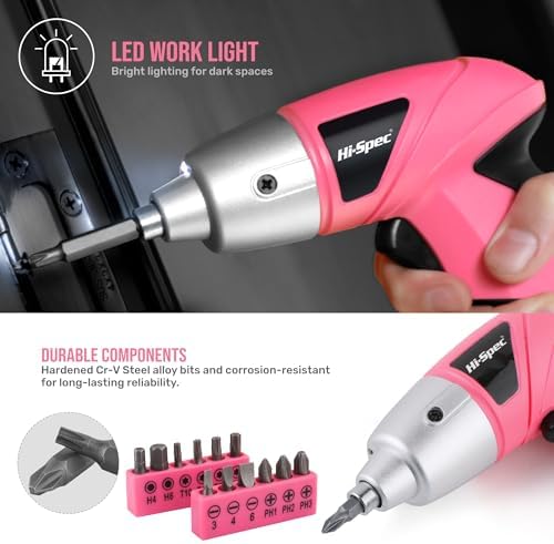 Hi-Spec 3.6V Cordless Electric Screwdriver and Tool Kit for DIY, Pink | 19pc, fast assembly help, common screw bit selection, LED visibility, compact grip, quick household fixes, organized storage