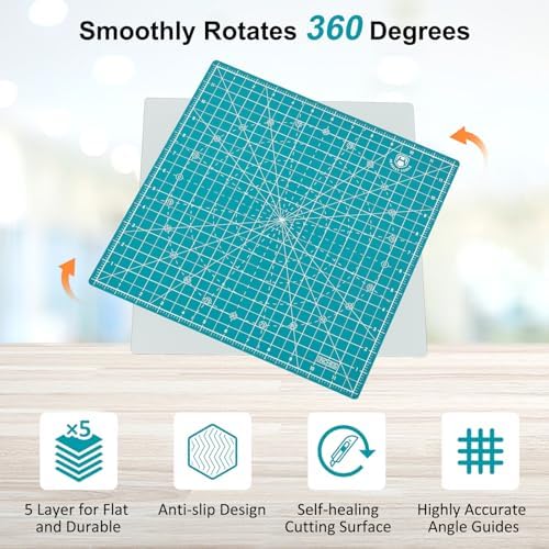 Headley Tools 12"x12" Rotating Cutting Mat, Self Healing Mat with 360-Degree Rotation & Anti-Slip Base, Sewing Board Cutting Mat Perfect for Fabric Quilting Leather Hobby Project, Turquoise