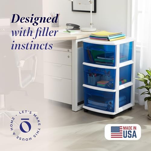 HOMZ Drawer Tower, 3-Tier Storage Cart with Removable Wheels, White Frame