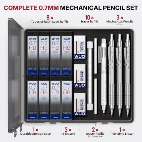 WUO 0.7mm Mechanical Pencil Set, 3 Pack Sliver Metal Drafting Pencils