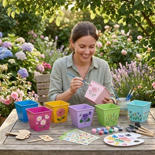 6 Sets Flower Pot Painting Kit DIY 6 Colorful Metal Iron Plant Pots Acrylic Paint Stickers Brushes Plant Labels Gardening Tool Kit for Planting Crafts Mother's Day Graduation Creative Gift