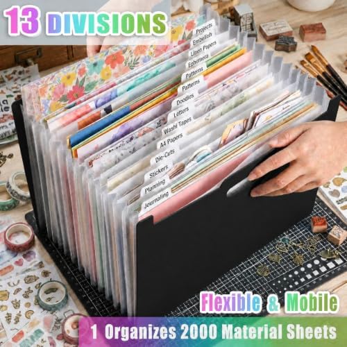 12x12 Scrapbook Paper Storage Organizer, Expandable 13 Pocket Desktop Paper Organizer Storage for Scrapbook Essentials, Large Scrapbook Storage for Photos, Washi Tape, Sticker (Black)