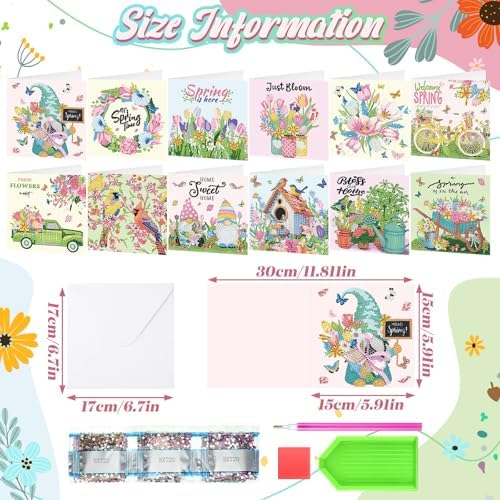 Saillong 12 Pack Spring Diamond Painting Greeting Card Kits Easter Diamond Art Cards with Envelopes Gnome Tulips Flowers 5d Rhinestones Painting Kits for Adults DIY Crafts Family Friend Spring Gifts