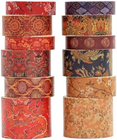 12 Rolls Chinoiserie Washi Tape Set Chinese Arts Adhesive Tapes Geometric Garden Decorative Masking Tape Sets for Craft, Kids, Scrapbook, DIY, Gift Wrapping (Prelude to a Night)