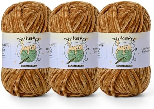 3 Pack of 300g (590yds) Fuzzy Chenille Yarn for Crocheting,Fluffy Amigurumi Crochet Yarn for DIY Craft/Hat/Clothes, Soft Velvet Baby Blanket Yarns（3 Brown）
